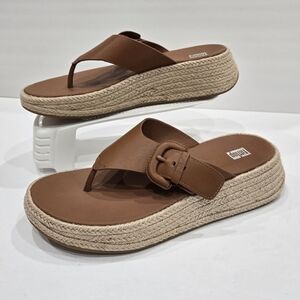 FitFlop Espadrille Thong Sandal Buckle Tan Leather Platform Size US 8.5